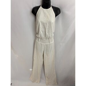Tropical Wear Long White Halter Jumpsuit Size L Drop Waist Lagenlook Boho Earthy